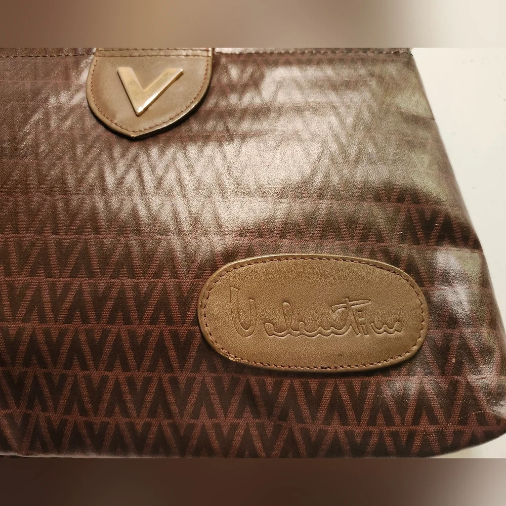 Mario Valentino Vintage Brown Clutch- Gold Logo W/Leather Accents EUC- Italy - Picture 2 of 12